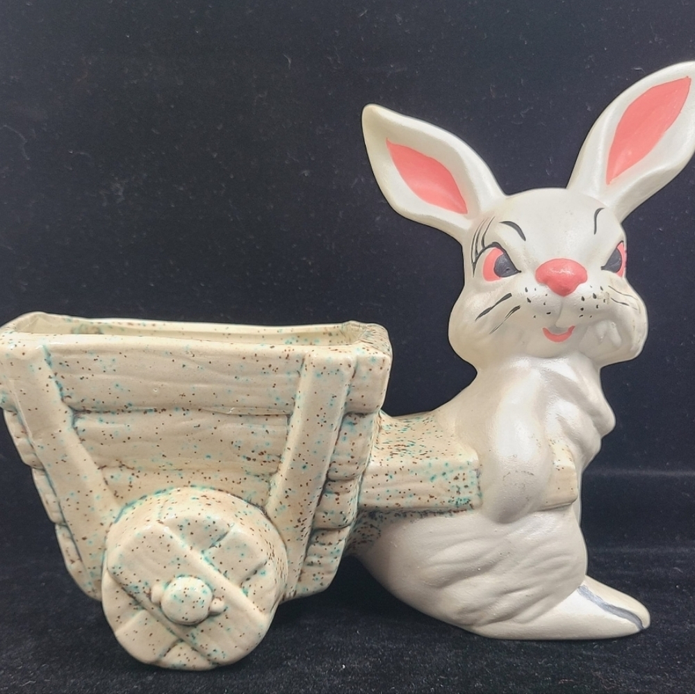 Vintage Painted Ceramic Easter Bunny Pulling Cart Easter Planter Spring Easter